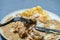 Close-up of a fork with a piece of chicken and a mushroom with mushroom sauce