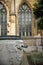 Close-up on a fountain ornated with carvings located in the inner courtyard of  the basilica of Saint Servatius