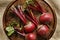 Close-up of fresh beetroots on metal tray