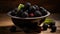 Close-up of fresh blackberries in a bowl on rustic table. Generative AI