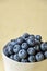 Close up of fresh blueberries in a white ceramic bowl on a yellow crackle background