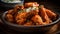 Close up of fresh buffalo chicken wings with savory dip generated by AI