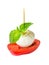 Close-up of fresh caprese skewer with mozarella and tomato isolated on withe background. Healhy mediterranean cuisine and