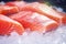 Close-up of fresh chilled fish. Trout or salmon fillet. Red fish ready to eat