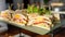 Close-up of fresh club sandwich. Concept of  takeaway food and catering service