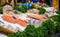 Close up of fresh fish at a stall in Borough Market, London, UK