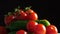 Close-up, fresh, juicy vegetables, tomatoes, cucumbers, beautifully spin on black background. grocery online shopping