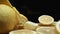 Close up of fresh lemon slices are arranged against a rustic basket. Comestible.