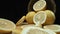 Close up of fresh lemon slices are arranged against a rustic basket. Comestible.