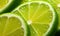 Close-up of fresh lime slices with cascading water droplets, highlighting vibrant green hues. Created by AI