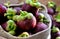 Close up fresh Mangosteens fruit  in  handbag on burlap background