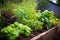 close-up of fresh medicinal herbs in garden bed