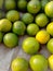 Close up of fresh mix yellow and green lemon stock in shining dayLots of bright green limes in supermarket.Macro photo green limes