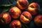 Close-up of fresh peaches glistening with water drops.Created using Generative AI technology