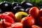 Close-up of fresh, ripe tomatoesand eggplant.Group of tomatoes a
