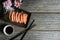 Close up of fresh salmon sashimi, wasabi on wooden background , Copy space, top view