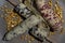 Close-up of Fresh waxy corn or Sweet glutinous corn and Corn kernels on Round ceramic tray