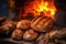 close-up of freshly baked bread in clay oven