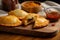 Close-up of freshly baked empanadas on a wooden board with steam rising from the filling and a side dish of tangy dipping sauce