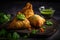 Close-up of a freshly baked samosa stuffed with spiced potatoes, peas, and served with mint chutney, perfect for a flavorful bite