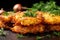close-up of freshly fried latkes with a sprig of parsley