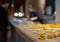 Close up of freshly made ravioli pasta at food counter at Mercato Mayfair, food market in restored St Mark`s Church Mayfair London