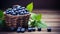 close-up freshly picked blueberries and blueberry leaves in a basket on a wooden table,