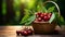 close-up freshly picked cherries and cherries leaves in a basket on a wooden table, an atmosphere with soft and white tones