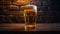 Close-up of a freshly poured glass of light beer with foam on a bar counter