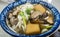 Close-up of a freshly prepared bowl of Japanese Udon noodle soup