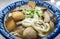 Close-up of a freshly prepared bowl of Japanese Udon noodle soup