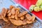 Close up of fried bananas on sieve tray, Thai Food