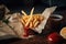 close-up of fries in a paper cone with a side of ketchup