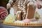 Close-up of the front door of a gingerbread house with white icing and Christmas decorations. The door of the house is slightly
