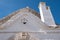 Close up of front of Parrocchia Sant`Antonio. Church built in the traditional trulli style in the town of Alberobello Italy