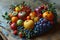 Close-Up of Fruit Arrangement on Table. A detailed view of a beautifully arranged assortment of fruits on a table.