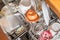 Close up of a fully stocked dishwasher in a kitchen with dishes glasses bowls knives forks spoons cutlery, Germany