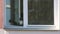 Close up Funny house cat looking staring out of the open window. cat pawing at window with birds eye view of building across the s