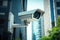 Close up futuristic CCTV security camera in street of smart city