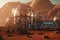 close-up of futuristic colony on mars with glass and metal structures visible
