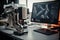 Close Up of a Futuristic Prosthetic Robot Arm Stands on a Desk in a High Tech Research Laboratory. AI generation