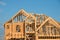 Close-up gable roof wooden house construction