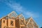 Close-up gable roof wooden house construction