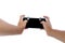 Close Up Gamer`s Hand with Metal Trigger for Controller Mobile Gamepad Fire Button on White Background Isolated. POV Shot.