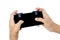 Close Up Gamer`s Hand with Metal Trigger for Controller Mobile Gamepad Fire Button on White Background Isolated. POV Shot.