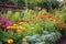 close-up of a garden's bounty, with ripe fruits and vegetables, colorful blossoms and herbs