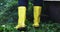 Close up of gardener in yellow rubber boots mowing grass