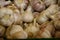 Close up of garlic bulbs, decoratively arranged, vegan, vegetarian food