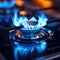 A close up of a gas stove with blue flames coming out, AI