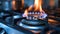 A close up of a gas stove with flames coming out, AI